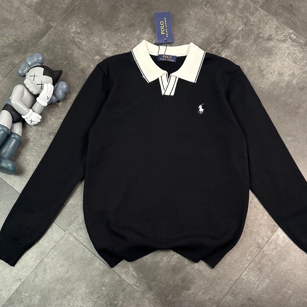 Polo by Ralph Lauren Black V-Neck Sweater with White Polo Collar and Logo